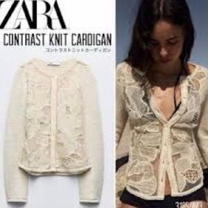 ZARA Cream Lace-Panel Knit Cardigan